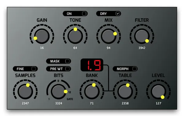 Preset F settings in the VST: Gain 16, Tone 64 with Tone On off, Mix 94 with Dry on, Filter 3942, Samples 2347 with Fine off, Bits 3324 with Mask off and Pre WT off, Bank 71, Table 2358 with Morph off, Level 127. The display reads 1.9.