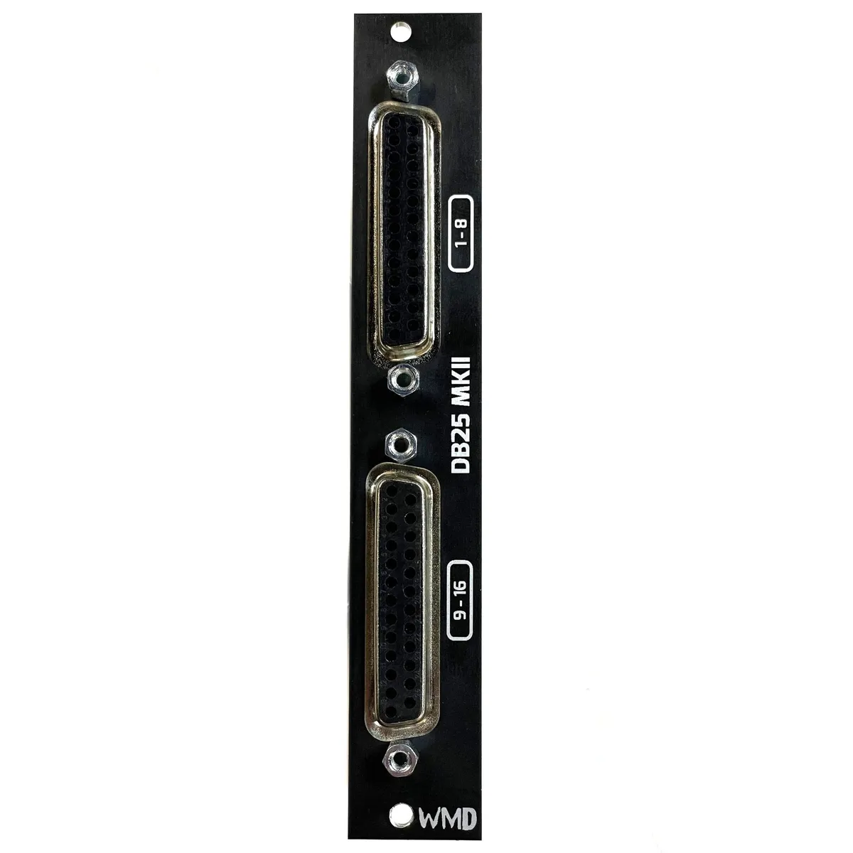 PM DB25 MKII module front panel: a black Eurorack panel with two female DB25 connectors, the upper labeled 1-8 and the lower labeled 9-16, with DB25 MKII printed vertically between them and the WMD logo at the bottom.