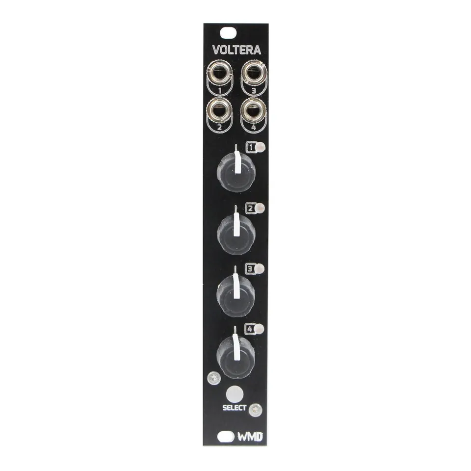 Voltera module front panel: a narrow 4HP black Eurorack panel with four numbered output jacks at the top, four large knobs each paired with a numbered bi-color track LED, and a backlit SELECT button near the bottom.