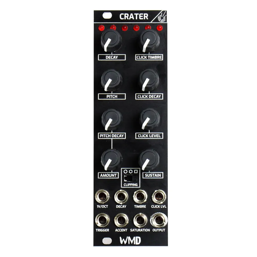 Crater's 8HP front panel: six red LEDs across the top, eight knobs in two columns (left column DECAY, PITCH, PITCH DECAY, AMOUNT; right column CLICK TIMBRE, CLICK DECAY, CLICK LEVEL, SUSTAIN), a three-position CLIPPING switch between the lowest two knobs, and two rows of jacks (1V/OCT, DECAY, TIMBRE, CLICK LVL on top; TRIGGER, ACCENT, SATURATION, OUTPUT below).