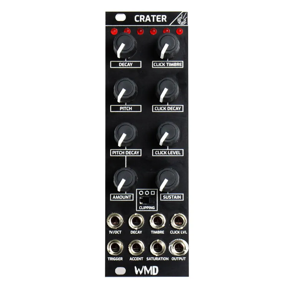 Crater module front panel: an 8HP black Eurorack kick drum panel. A row of six red LEDs sits across the top, below it eight knobs arranged in two columns (DECAY, CLICK TIMBRE, PITCH, CLICK DECAY, PITCH DECAY, CLICK LEVEL, AMOUNT, SUSTAIN), a three-position CLIPPING slide switch between the bottom knobs, then two rows of jacks (1V/OCT, DECAY, TIMBRE, CLICK LVL, TRIGGER, ACCENT, SATURATION, OUTPUT) and the WMD logo at the bottom.