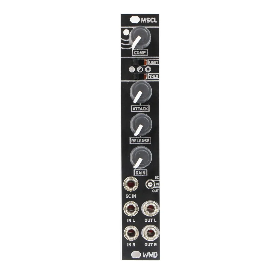 MSCL module front panel: a narrow 4HP black Eurorack panel with a large COMP knob at the top beside a status LED, a pair of LIMIT and THLD slide switches, ATTACK, RELEASE and GAIN knobs down the center, an SC/IN/OUT toggle switch, and five jacks labeled SC IN, IN L, OUT L, IN R and OUT R.