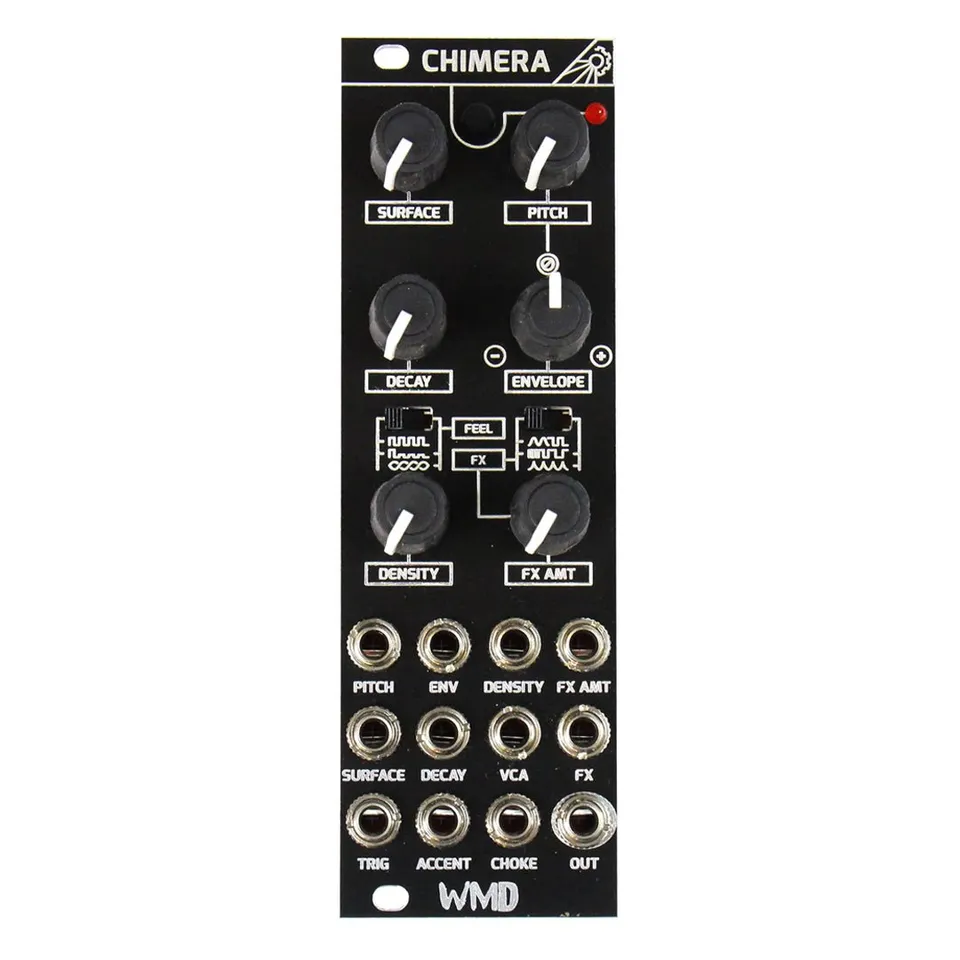 Chimera module front panel: a black 8HP Eurorack panel with six large knobs (SURFACE, PITCH, DECAY, ENVELOPE, DENSITY, FX AMT), two small toggle switches for FEEL and FX, and twelve jacks in three rows for pitch, env, density, fx amt, surface, decay, VCA, FX, trig, accent, choke, and out.