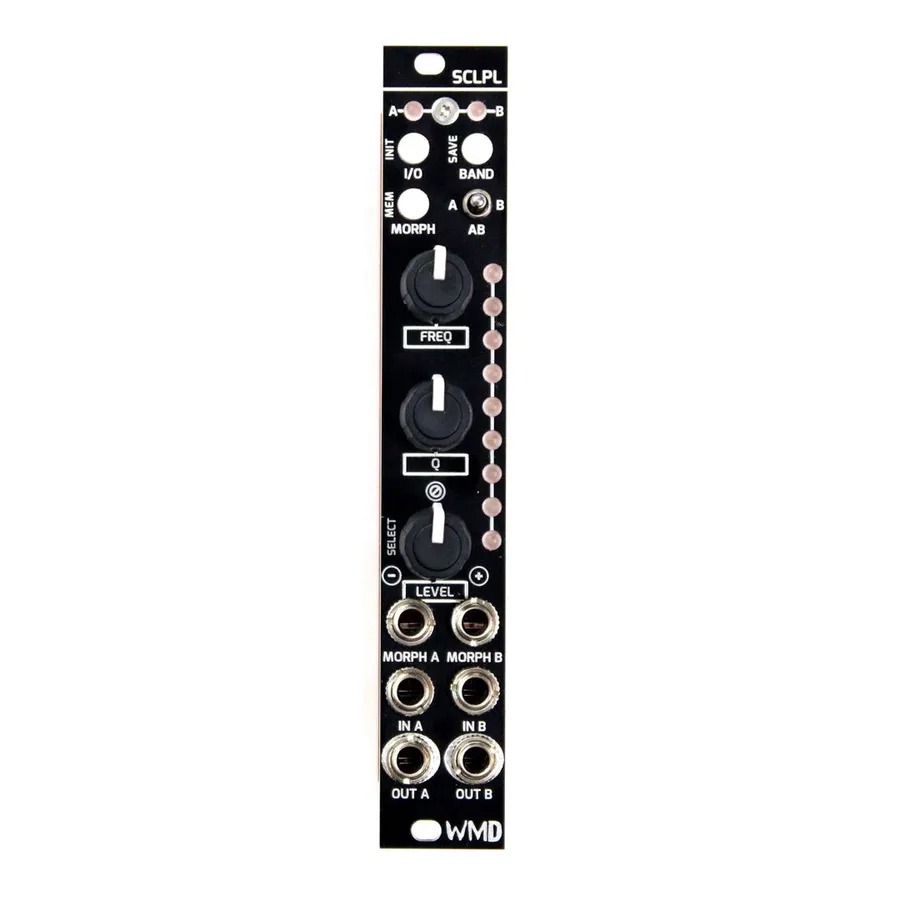 SCLPL front panel render showing, from top to bottom: the SCLPL name, two A/B channel status LEDs, the I/O and BAND buttons, the MORPH button and A/B stereo-mono toggle switch, three knobs labeled FREQ, Q and LEVEL beside a vertical bar of red LEDs, and three rows of jacks labeled MORPH A / MORPH B, IN A / IN B, and OUT A / OUT B.