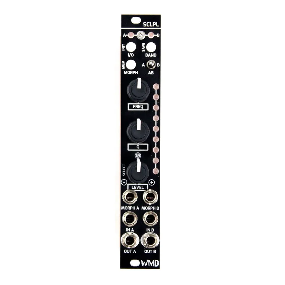 SCLPL module front panel: a narrow 4HP black Eurorack panel with two A/B status LEDs at the top, I/O, BAND and MORPH buttons, an A/B stereo-mono toggle switch, three stacked knobs (FREQ, Q, LEVEL) beside a vertical column of red LEDs, and three pairs of jacks at the bottom labeled MORPH A/B, IN A/B and OUT A/B.