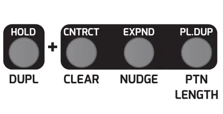 Close-up of Metron's special-function buttons and their secondary labels: HOLD (DUPL), CNTRCT (CLEAR), EXPND (NUDGE), and PL.DUP (PTN LENGTH), with a plus sign showing that HOLD is combined with the others.