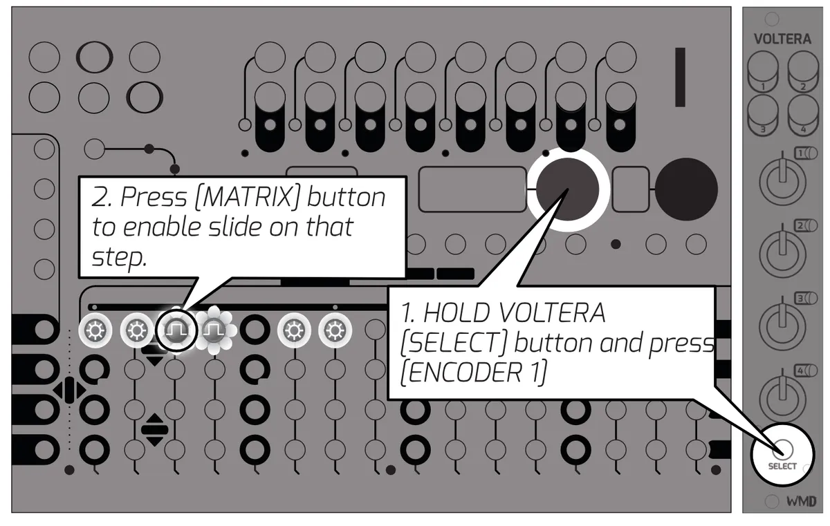 Metron with a Voltera expander showing how to enable a per-step slide. Step 1: hold Voltera's SELECT button and press ENCODER 1. Step 2: press a MATRIX button to enable slide on that step; enabled steps show a slide icon on the MATRIX.
