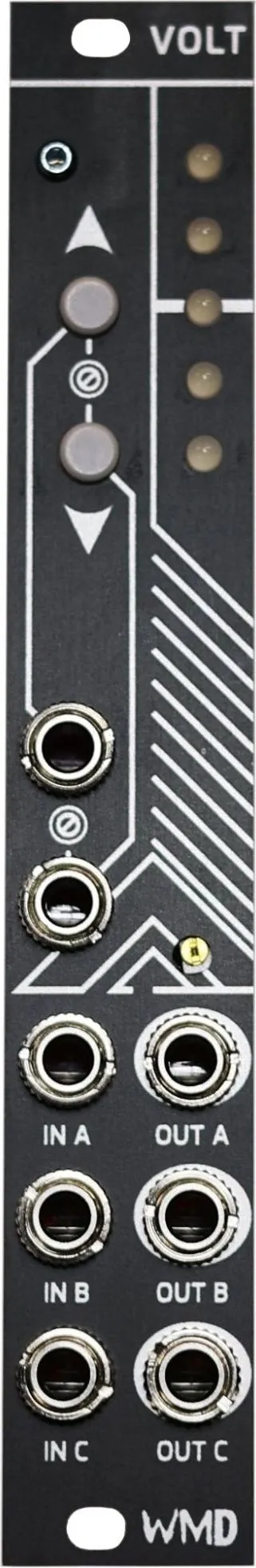 VOLT module front panel: a narrow 4HP Eurorack panel with two arrow push buttons at the top, a column of five status LEDs to their right, and three input jacks (IN A, IN B, IN C) beside three output jacks (OUT A, OUT B, OUT C) at the bottom.