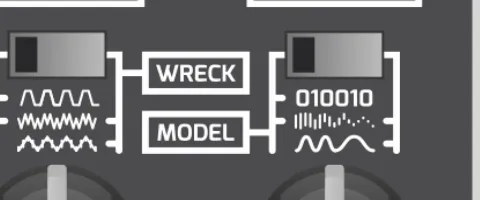 Detail of Kraken's two center toggle switches. The left switch selects the WRECK distortion type, with three waveform icons for its positions: hard-clipping at the top, a wavefolder in the middle, and quantization-error distortion at the bottom. The right switch selects the MODEL noise type, with three icons: repeatable digital noise shown as 010010 binary digits at the top, analog noise in the middle, and a pitch-shifting waveform at the bottom.